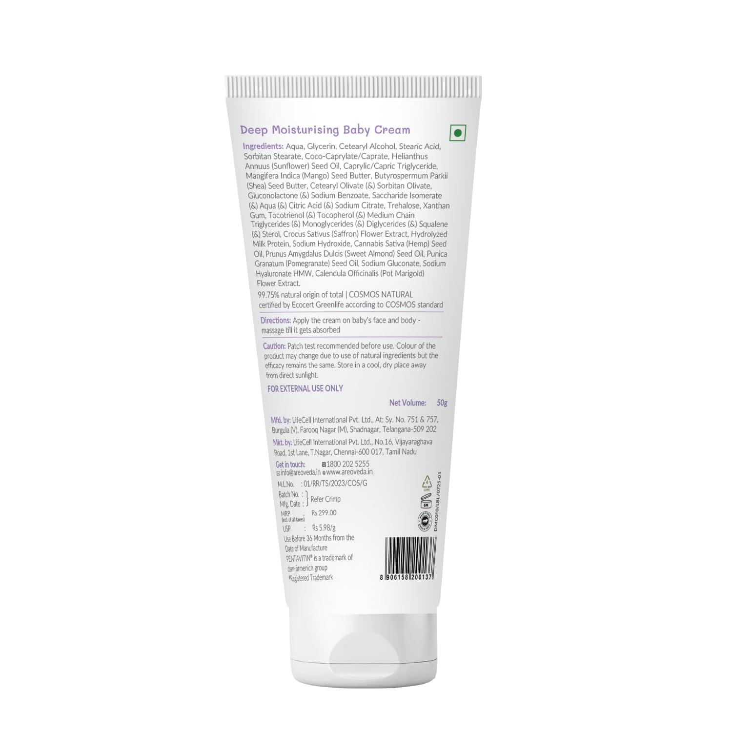 AreoVeda Deep Moisturising Baby Cream (50gm) | 72Hrs Hydration | Suitable for Baby's Dry Skin | With Shea Butter & Saffron Extract | Non-Sticky | For 0-5 Years | Ecocert Certified, EWG Verified