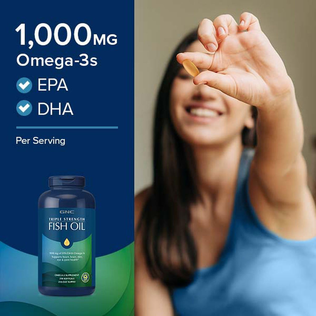 GNC Triple Strength Fish Oil Mini Omega 3 Capsules for Men & Women | 120 Mini Softgels | 900mg EPA & DHA | Improves Memory | Protects Vision | No Fishy Burps | Supports Family Health | USA Formulated
