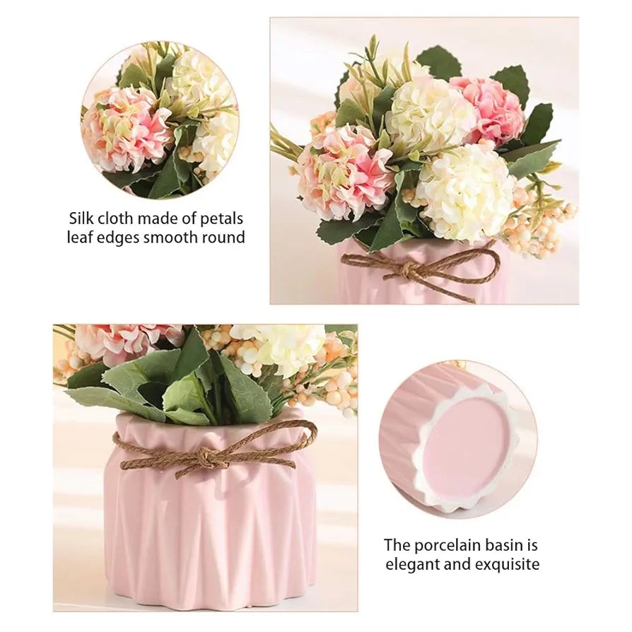 Artificial Flower with Ceramic Vase Hydrangea Bouquet Fake Flower Arrangements
