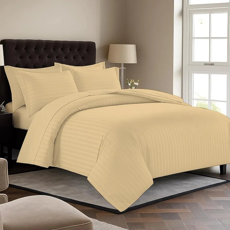 Trance Home Linen Zippered 100% Cotton 200TC Satin Stripe King Size Duvet Cover Quilt Cover Blanket Cover Razai Comforter Cover with 2 Pillow Covers Colour Beige