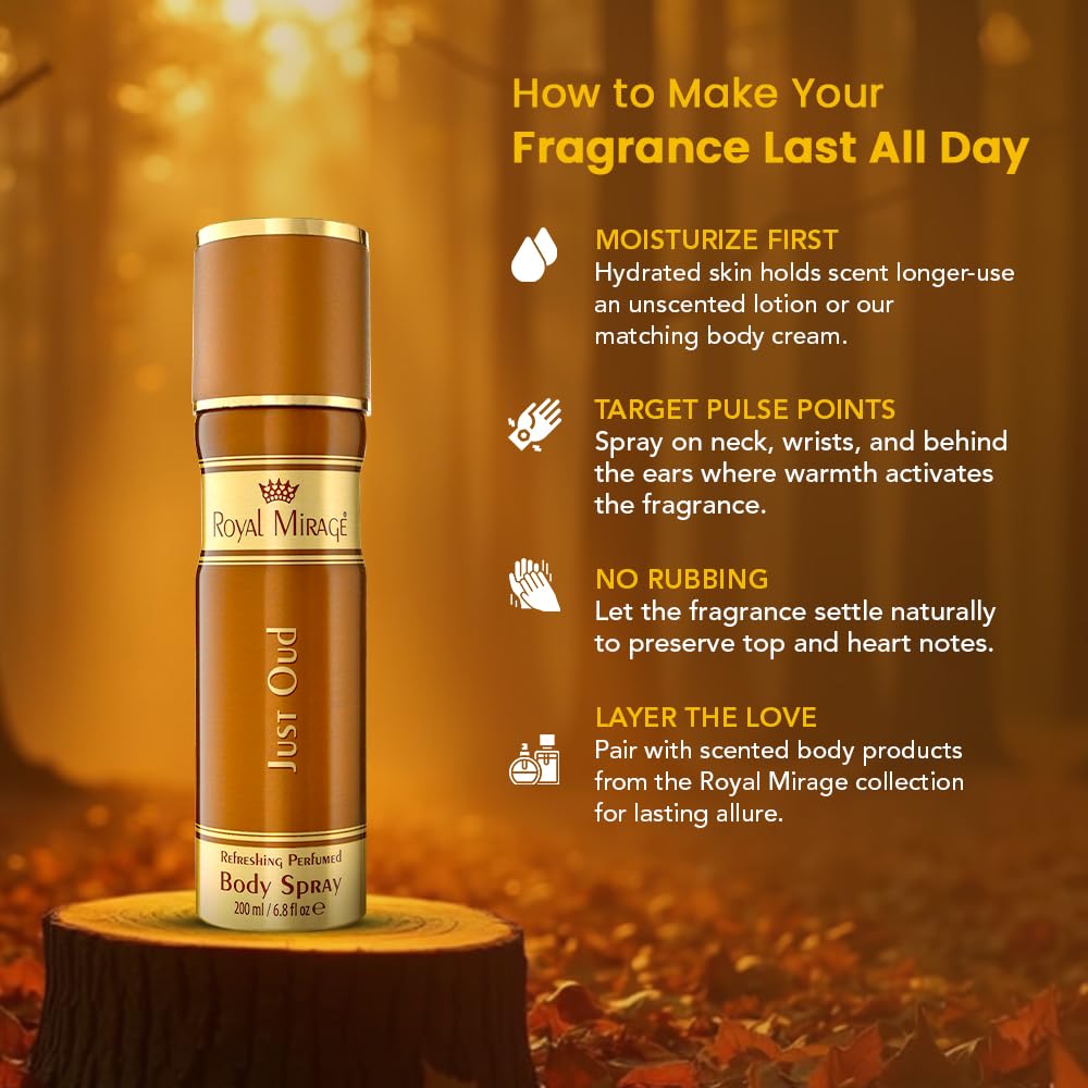 Royal Mirage Just Oud Body Spray | Long-Lasting Unisex Perfume | Oud, Rose & Leather Notes | Long-Lasting Luxury Fragrance | Exotic & Captivating Scent | Gift for Man and Woman | 200ml