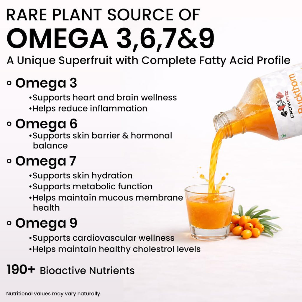 Growfitz Himalayan Sea Buckthorn Pulp Concentrate 500 ML | Cold-Pressed | Makes 80 Glass, Natural Vitamin C, Omega 3 6 7 9, Antioxidants | Immunity, Skin Glow & Gut Health Support | Seabuckthorn Juice