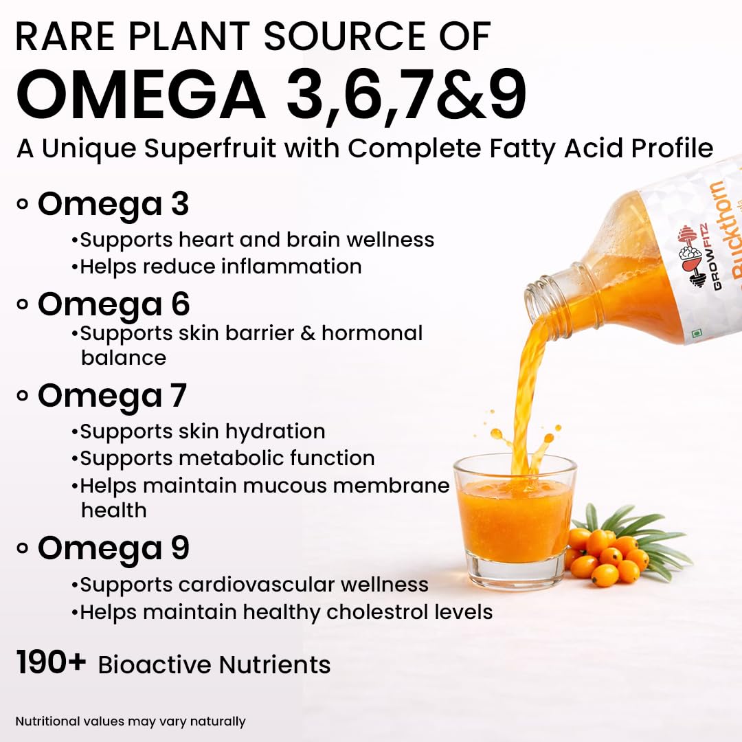 Growfitz Himalayan Sea Buckthorn Pulp Concentrate 1L | Cold-Pressed | Makes 160 Glasses, Natural Vitamin C, Omega 3 6 7 9, Antioxidants | Immunity, Skin Glow & Gut Health Support | Seabuckthorn Juice