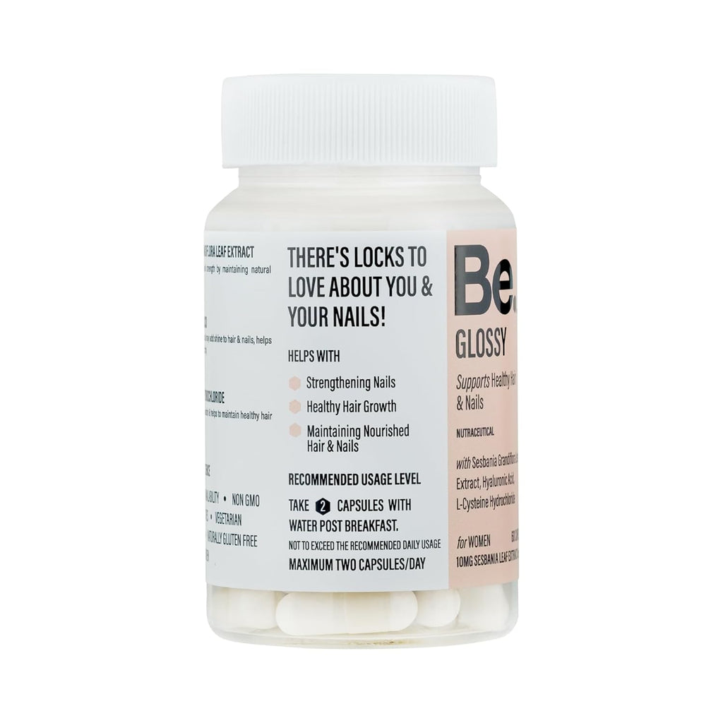 Be. Glossy Hair & Nail Strength Supplement | L-Cysteine, Hyaluronic Acid & Vitamin E for Stronger Hair, Reduced Breakage & Healthy Nails | Travel Pack | 20 Veg Capsules