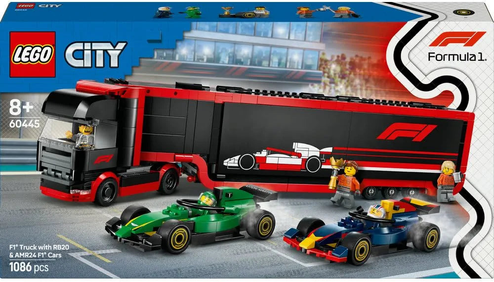 Lego City F1 Truck with RB20 & AMR24 F1 Cars Toy Race Vehicle Transporter Playset 60445