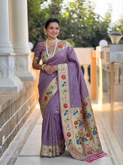 Mameraa Sarees Lavender Faux Banarasi Silk Saree With Paithani Rich Weaved Pallu And Blouse-Lavender