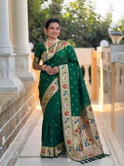 Mameraa Sarees Green Faux Banarasi Silk Saree With Paithani Rich Weaved Pallu And Blouse-Green
