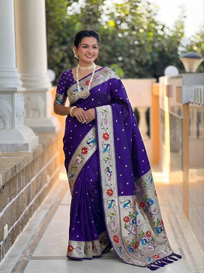 Mameraa Sarees Violet Faux Banarasi Silk Saree With Paithani Rich Weaved Pallu And Blouse-Violet