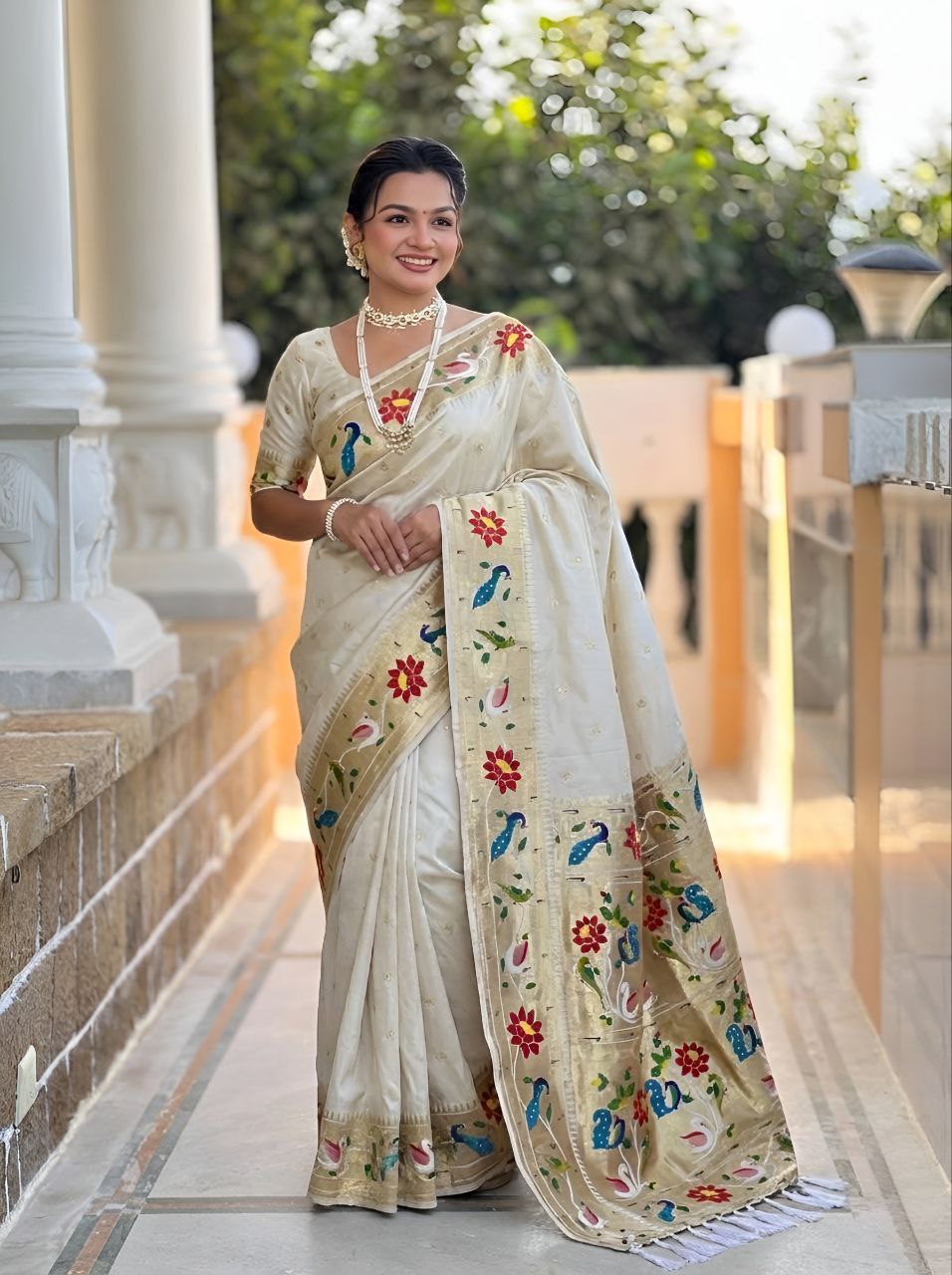 Mameraa Sarees Off White Faux Banarasi Silk Saree With Paithani Rich Weaved Pallu And Blouse-White