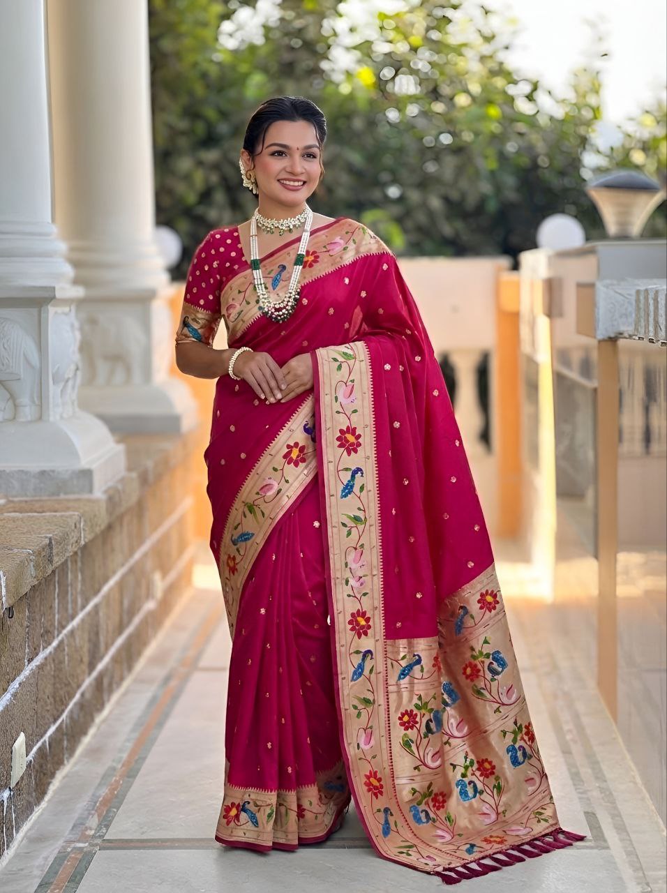 Mameraa Sarees Pink Faux Banarasi Silk Saree With Paithani Rich Weaved Pallu And Blouse-Pink