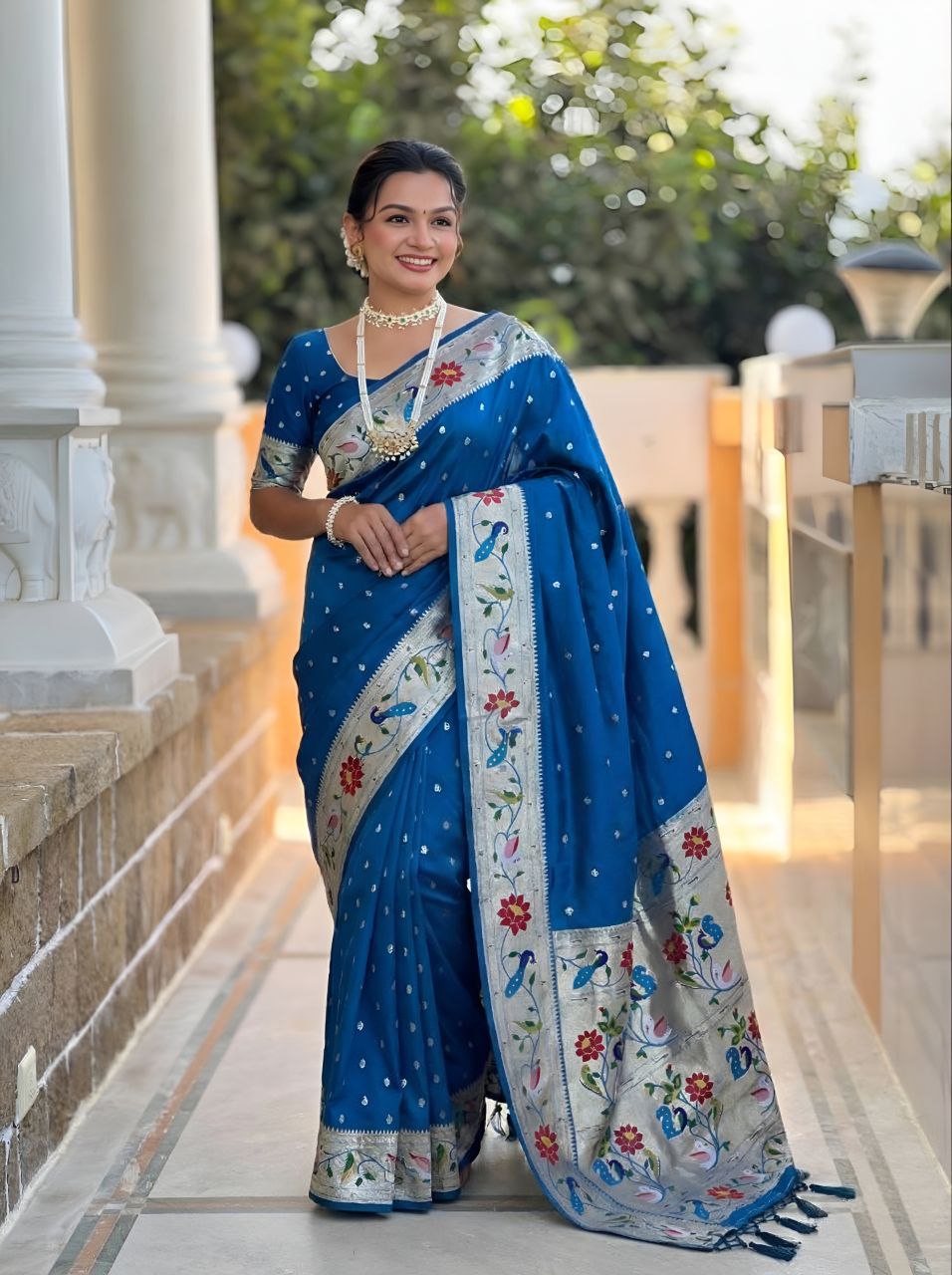 Mameraa Sarees Teal Blue Faux Banarasi Silk Saree With Paithani Rich Weaved Pallu And Blouse-Teal