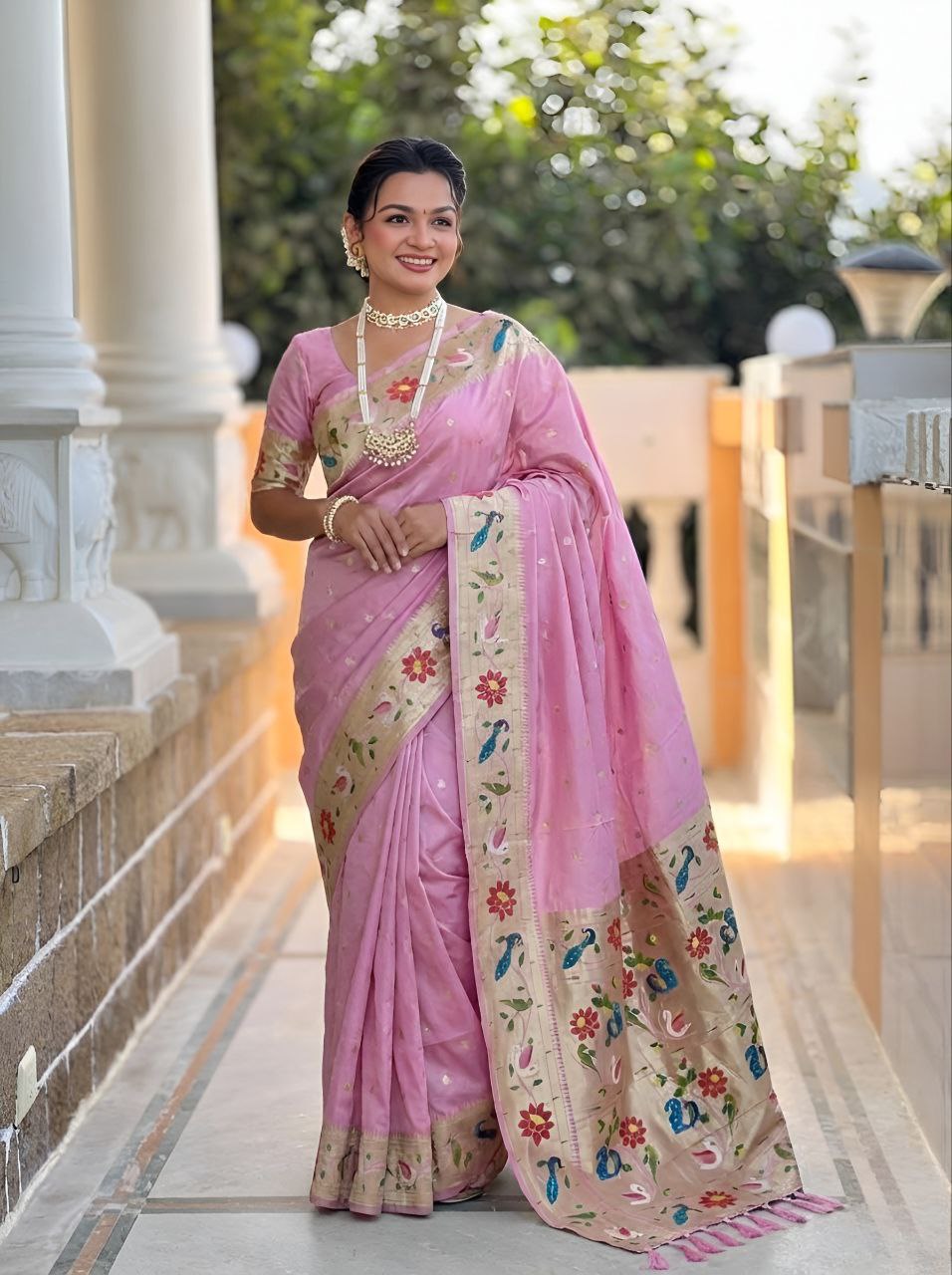 Mameraa Sarees Baby Pink Faux Banarasi Silk Saree With Paithani Rich Weaved Pallu And Blouse-Baby_Pink