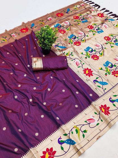 Mameraa Sarees Wine Faux Banarasi Silk Saree With Paithani Rich Weaved Pallu And Blouse-Wine
