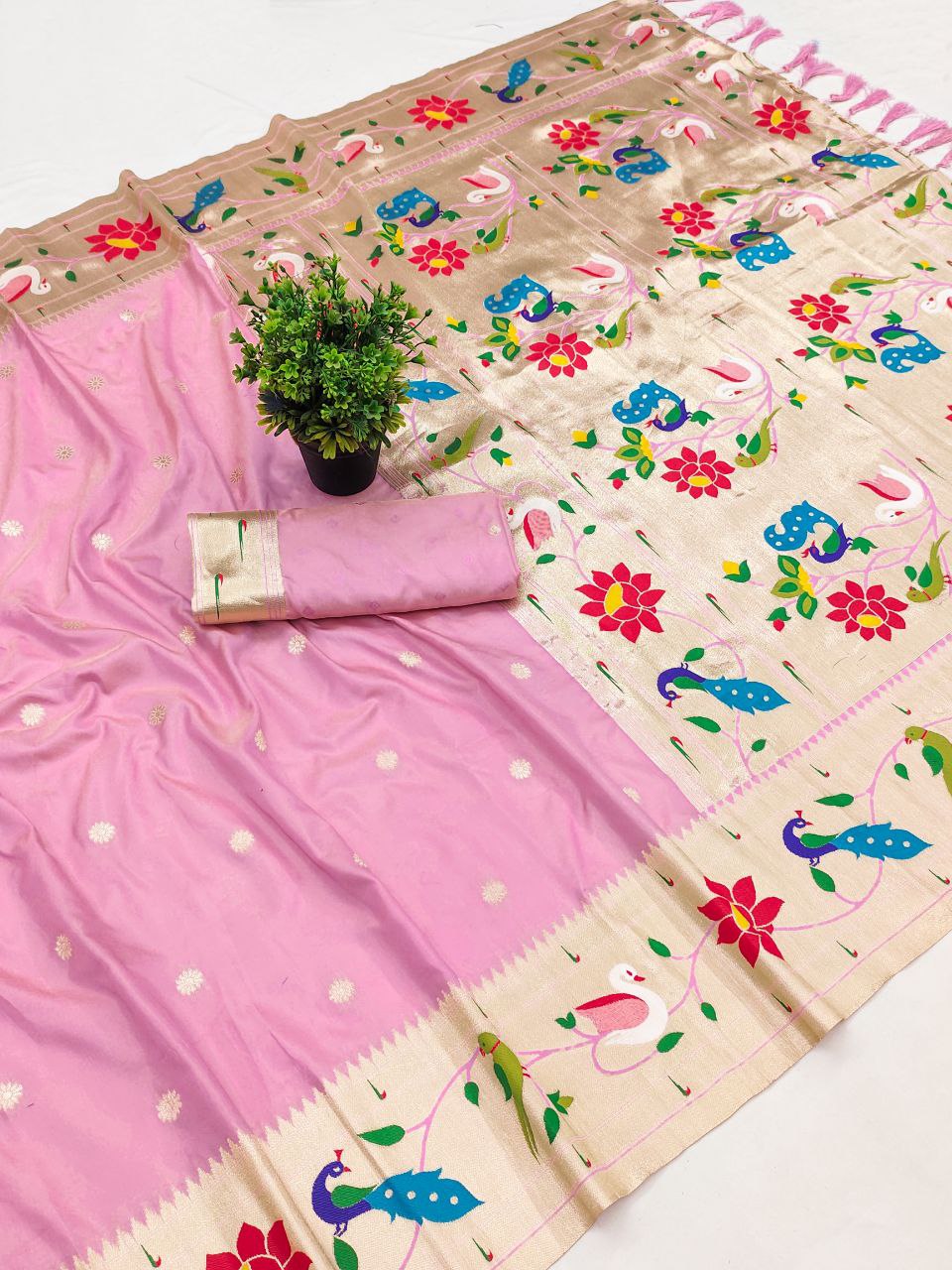 Mameraa Sarees Baby Pink Faux Banarasi Silk Saree With Paithani Rich Weaved Pallu And Blouse-Baby_Pink