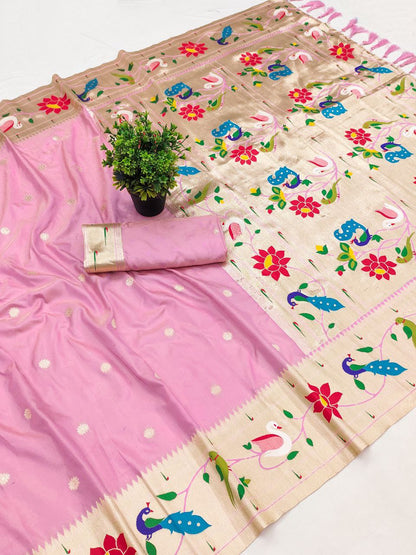 Mameraa Sarees Baby Pink Faux Banarasi Silk Saree With Paithani Rich Weaved Pallu And Blouse-Baby_Pink