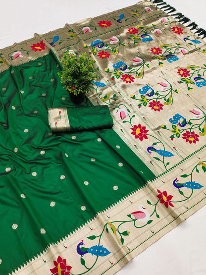 Mameraa Sarees Green Faux Banarasi Silk Saree With Paithani Rich Weaved Pallu And Blouse-Green