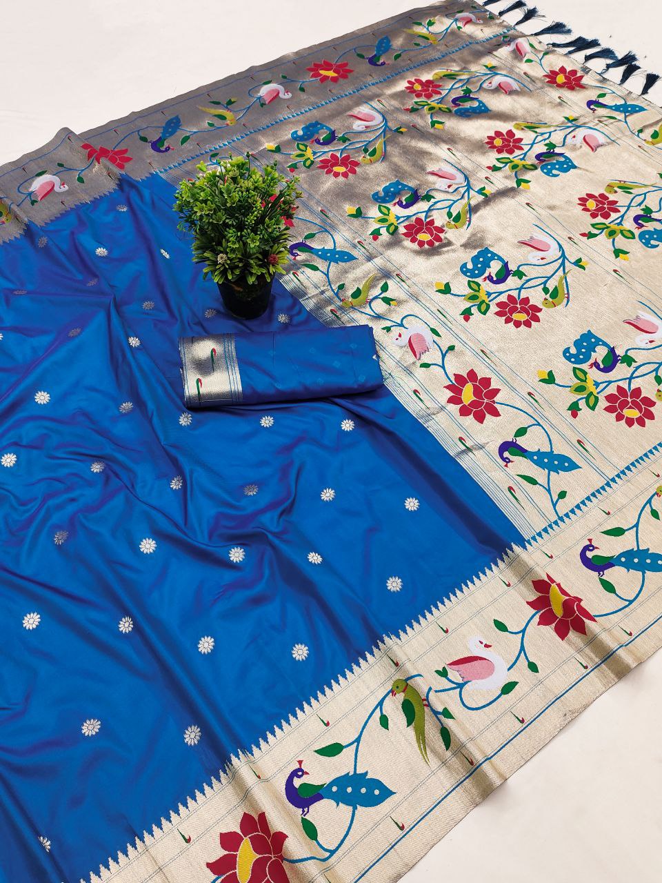 Mameraa Sarees Teal Blue Faux Banarasi Silk Saree With Paithani Rich Weaved Pallu And Blouse-Teal