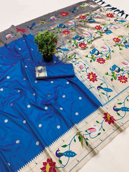 Mameraa Sarees Teal Blue Faux Banarasi Silk Saree With Paithani Rich Weaved Pallu And Blouse-Teal