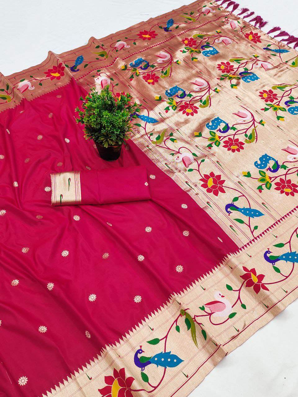 Mameraa Sarees Pink Faux Banarasi Silk Saree With Paithani Rich Weaved Pallu And Blouse-Pink