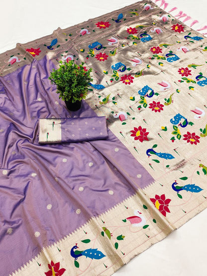 Mameraa Sarees Lavender Faux Banarasi Silk Saree With Paithani Rich Weaved Pallu And Blouse-Lavender