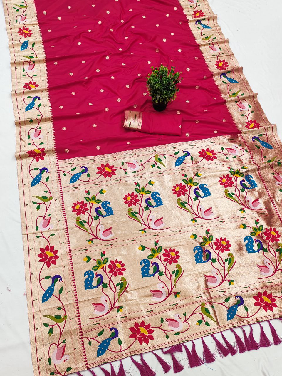 Mameraa Sarees Pink Faux Banarasi Silk Saree With Paithani Rich Weaved Pallu And Blouse-Pink
