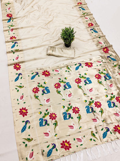 Mameraa Sarees Off White Faux Banarasi Silk Saree With Paithani Rich Weaved Pallu And Blouse-White