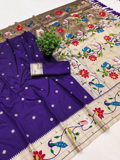 Mameraa Sarees Violet Faux Banarasi Silk Saree With Paithani Rich Weaved Pallu And Blouse-Violet