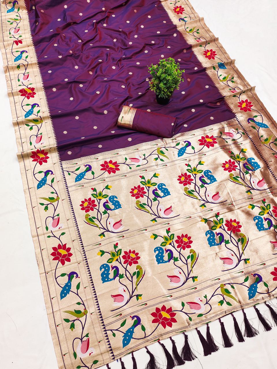 Mameraa Sarees Wine Faux Banarasi Silk Saree With Paithani Rich Weaved Pallu And Blouse-Wine
