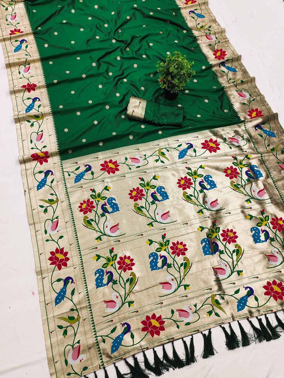 Mameraa Sarees Green Faux Banarasi Silk Saree With Paithani Rich Weaved Pallu And Blouse-Green