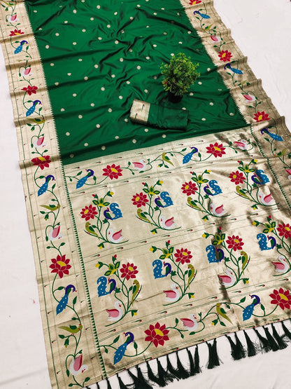 Mameraa Sarees Green Faux Banarasi Silk Saree With Paithani Rich Weaved Pallu And Blouse-Green