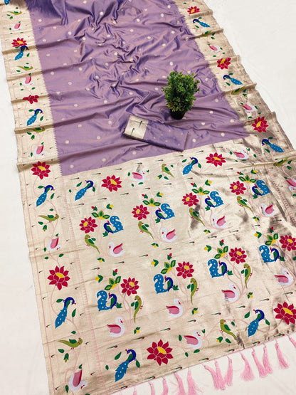 Mameraa Sarees Lavender Faux Banarasi Silk Saree With Paithani Rich Weaved Pallu And Blouse-Lavender