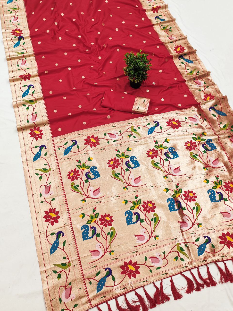 Mameraa Sarees Red Faux Banarasi Silk Saree With Paithani Rich Weaved Pallu And Blouse-Red