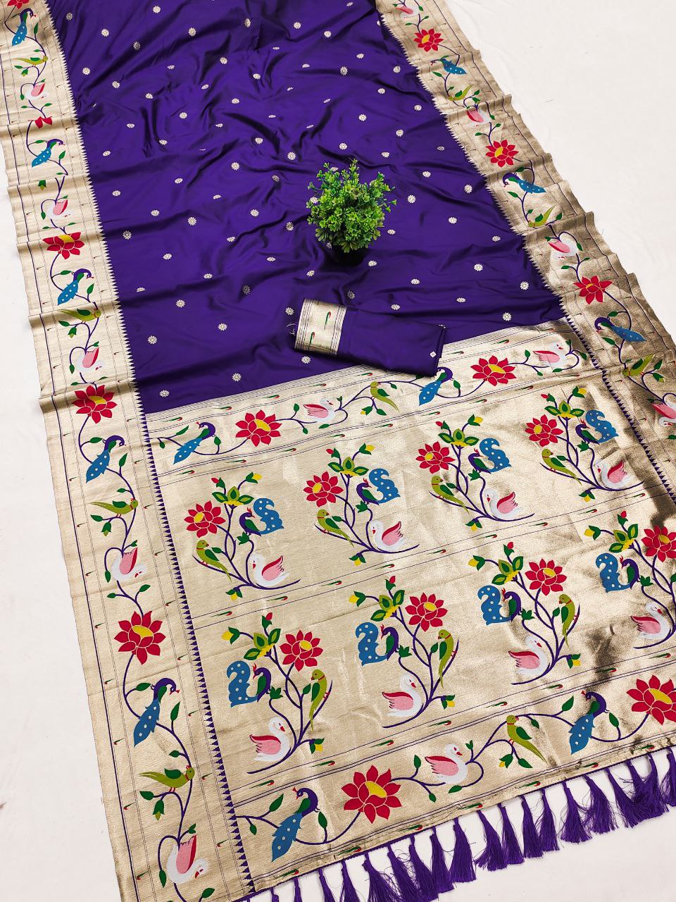 Mameraa Sarees Violet Faux Banarasi Silk Saree With Paithani Rich Weaved Pallu And Blouse-Violet