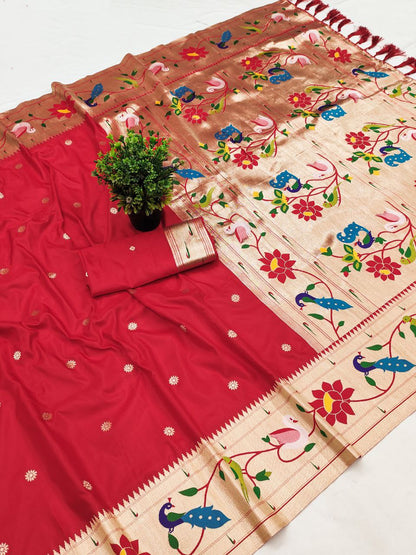 Mameraa Sarees Red Faux Banarasi Silk Saree With Paithani Rich Weaved Pallu And Blouse-Red