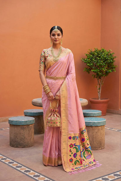 Mameraa Sarees Baby Pink Faux Banarasi Silk Saree With Paithani Rich Weaved Pallu And Blouse-Baby_Pink