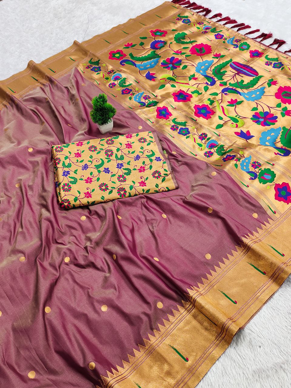 Mameraa Sarees Onion Pink Faux Banarasi Silk Saree With Paithani Rich Weaved Pallu And Blouse-Onion_Pink