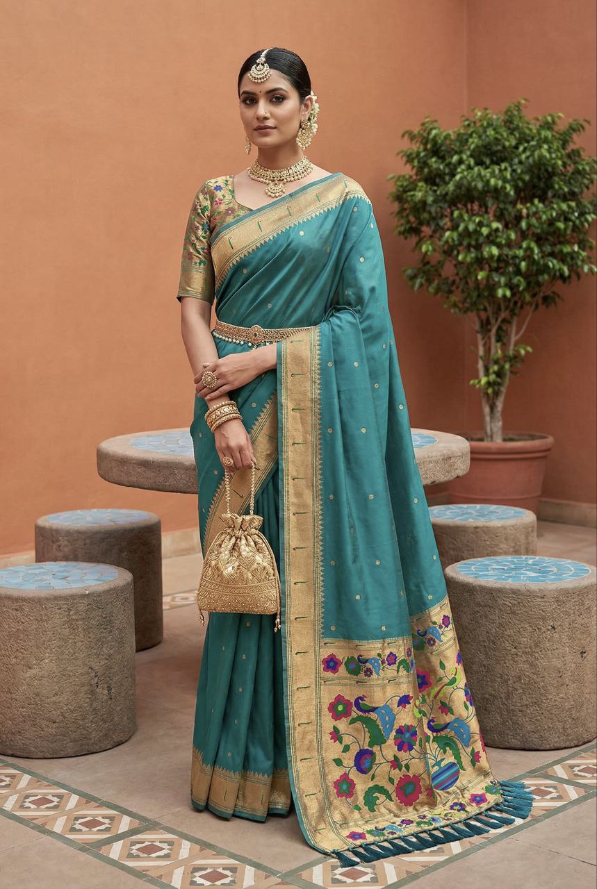 Mameraa Sarees Rama Faux Banarasi Silk Saree With Paithani Rich Weaved Pallu And Blouse-Sea_Green