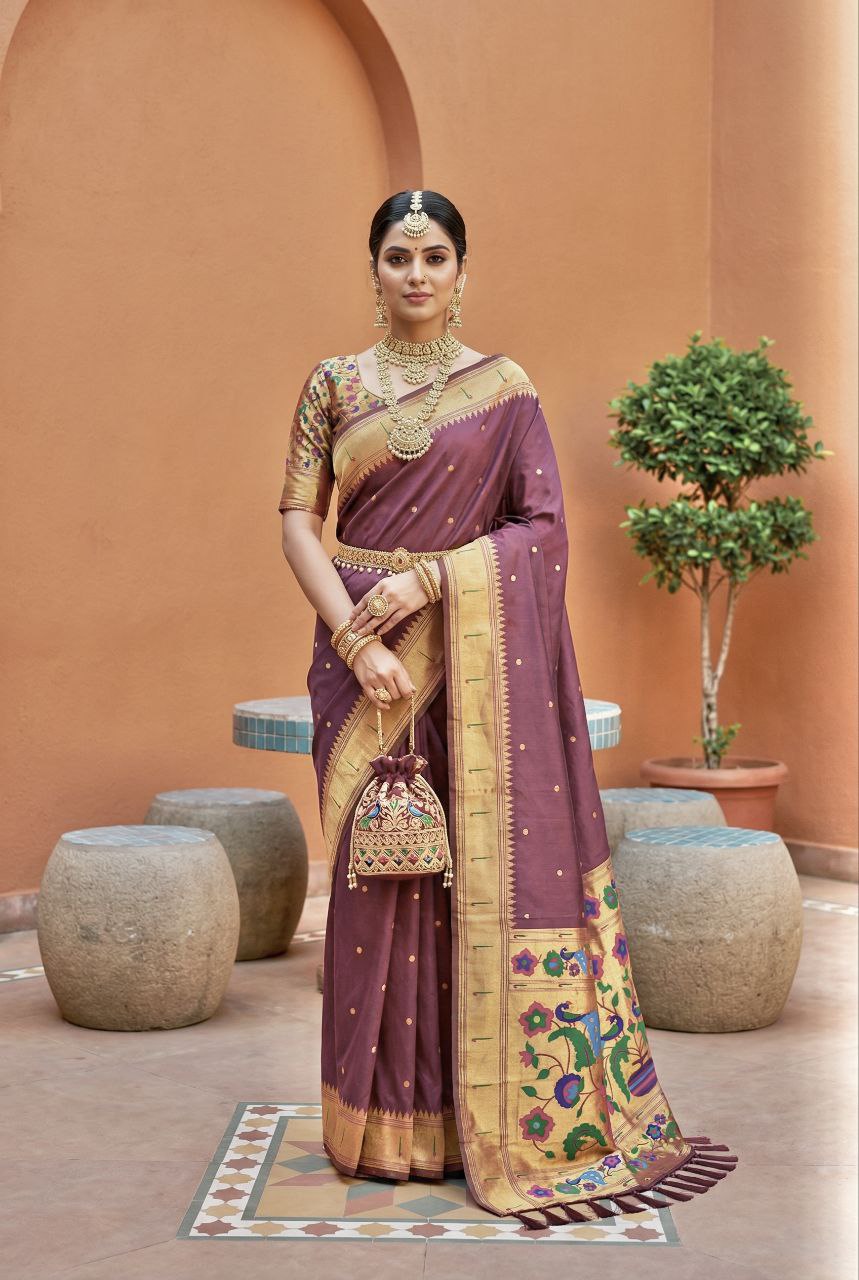 Mameraa Sarees Onion Pink Faux Banarasi Silk Saree With Paithani Rich Weaved Pallu And Blouse-Onion_Pink