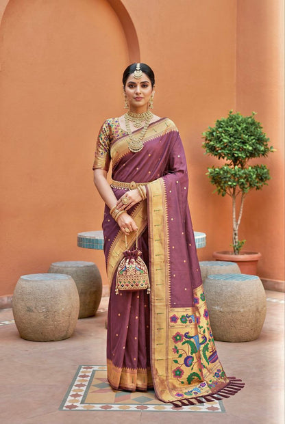 Mameraa Sarees Onion Pink Faux Banarasi Silk Saree With Paithani Rich Weaved Pallu And Blouse-Onion_Pink