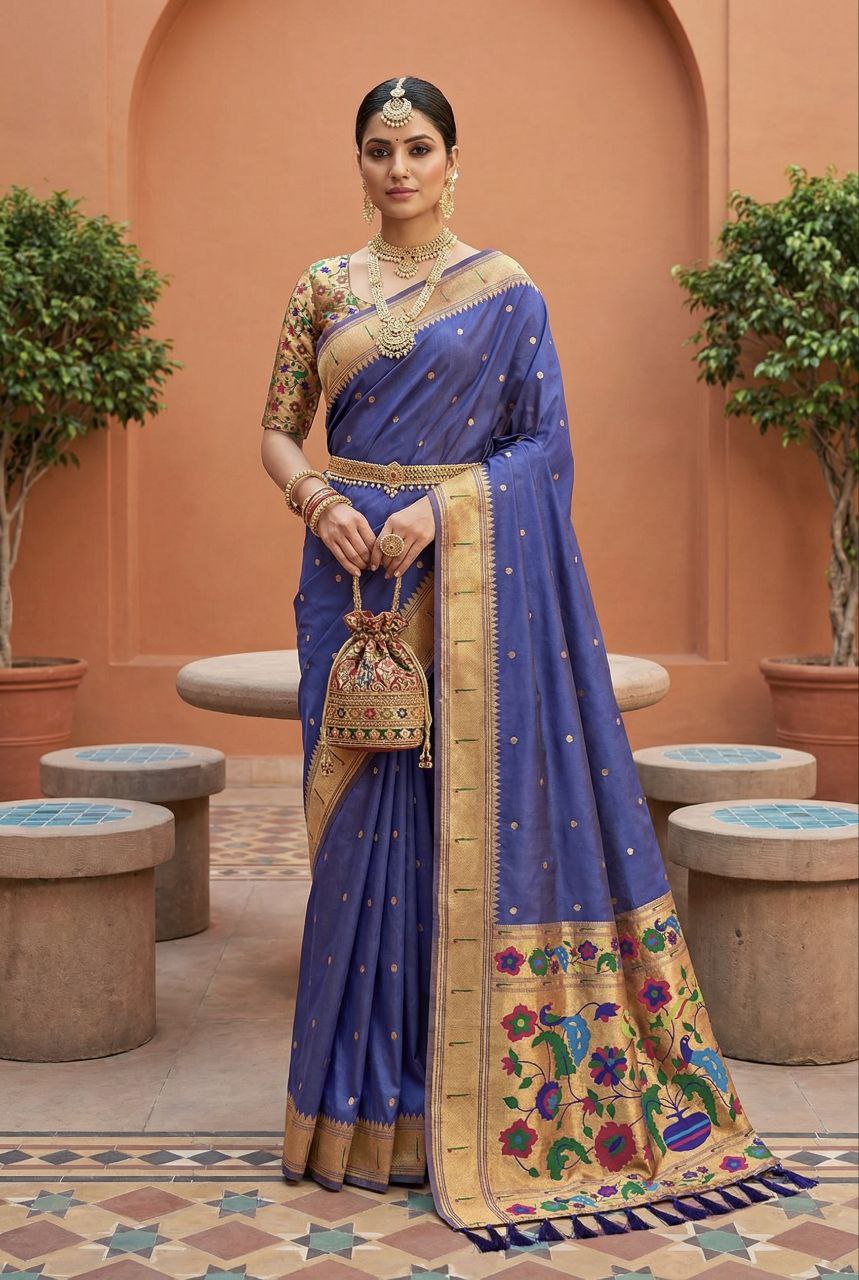 Mameraa Sarees Purple Faux Banarasi Silk Saree With Paithani Rich Weaved Pallu And Blouse-Purple