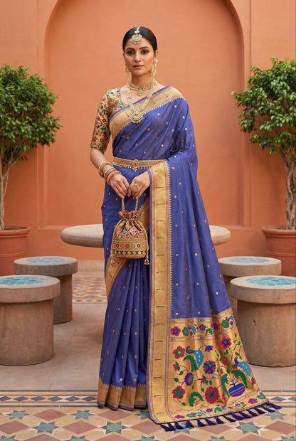 Mameraa Sarees Purple Faux Banarasi Silk Saree With Paithani Rich Weaved Pallu And Blouse-Purple