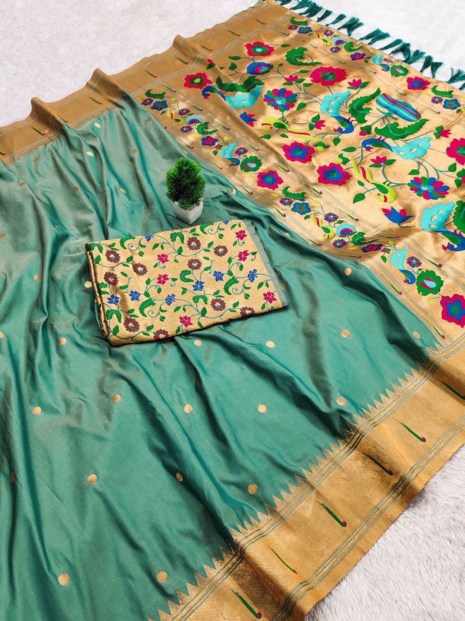Mameraa Sarees Rama Faux Banarasi Silk Saree With Paithani Rich Weaved Pallu And Blouse-Sea_Green