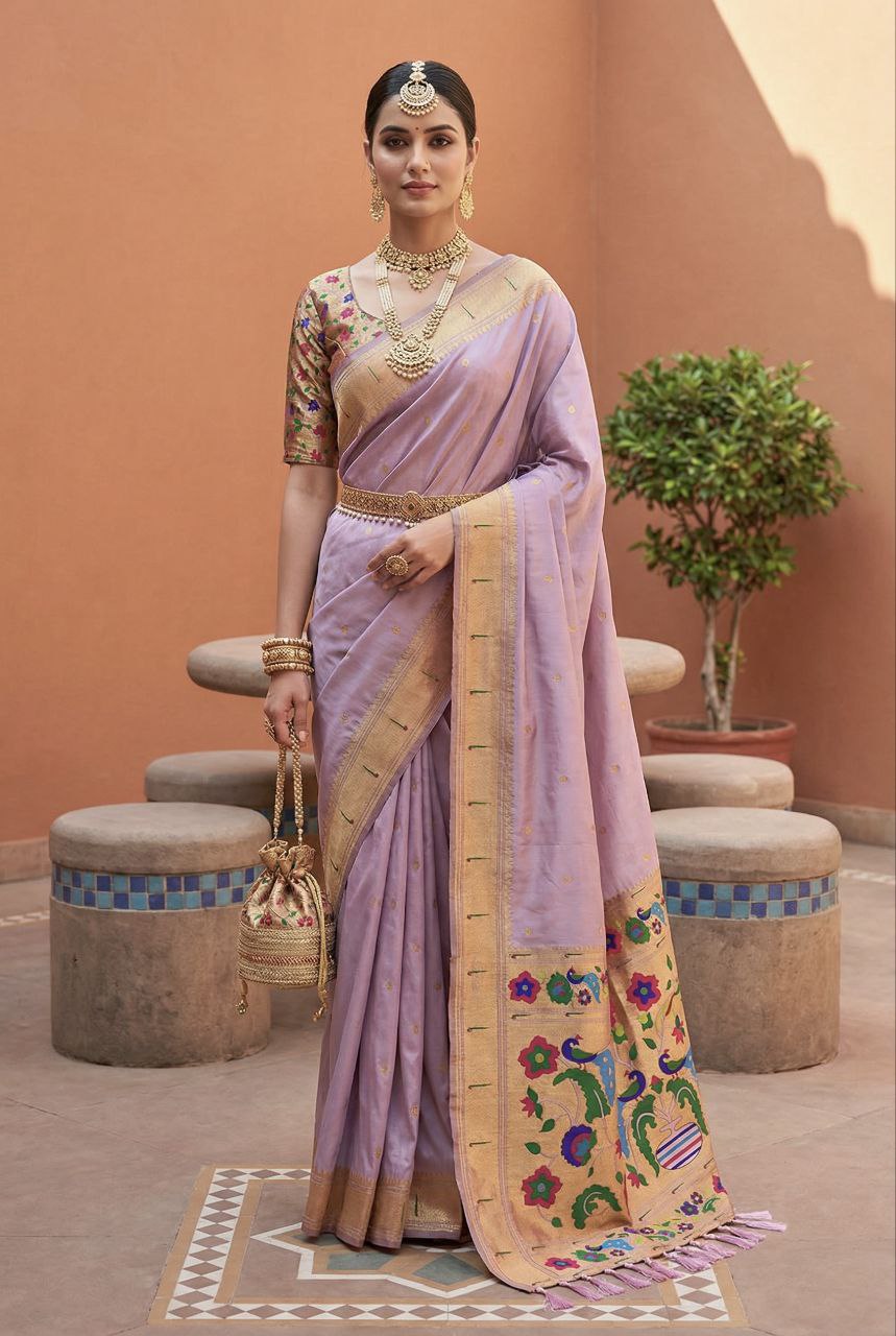 Mameraa Sarees Lavender Faux Banarasi Silk Saree With Paithani Rich Weaved Pallu And Blouse-Lavender