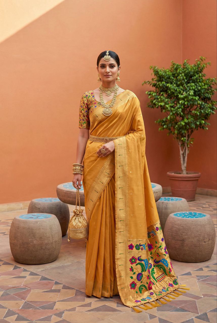 Mameraa Sarees Yellow Faux Banarasi Silk Saree With Paithani Rich Weaved Pallu And Blouse-Yellow