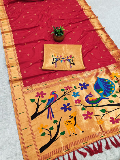Mameraa Sarees Red Faux Banarasi Silk Saree With Paithani Rich Weaved Pallu And Blouse-Red