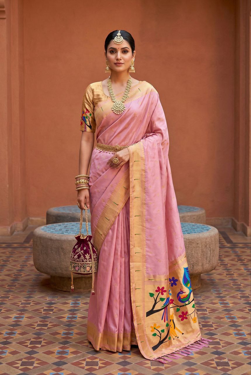 Mameraa Sarees Baby Pink Faux Banarasi Silk Saree With Paithani Rich Weaved Pallu And Blouse-Baby_Pink