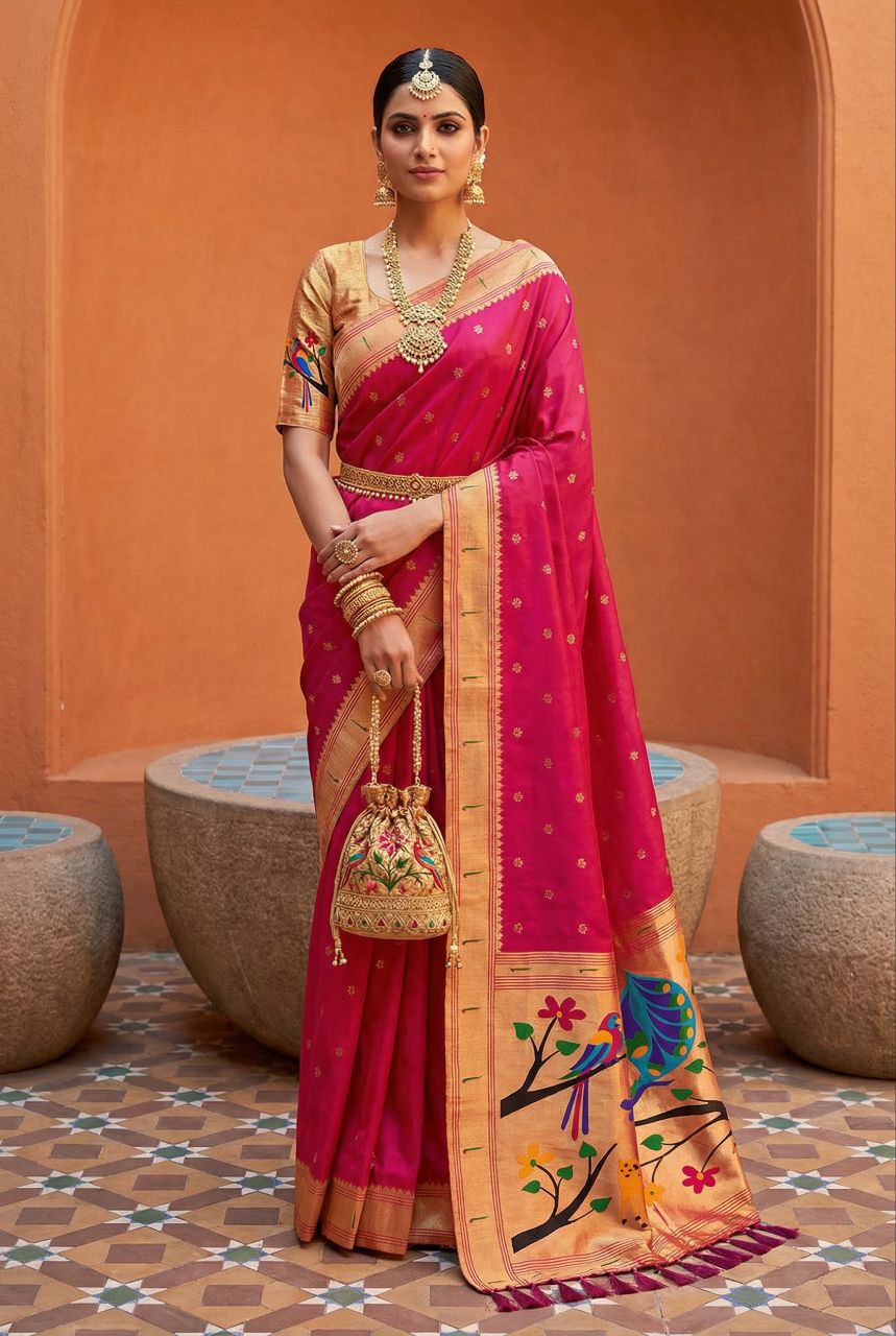 Mameraa Sarees Pink Faux Banarasi Silk Saree With Paithani Rich Weaved Pallu And Blouse-Pink
