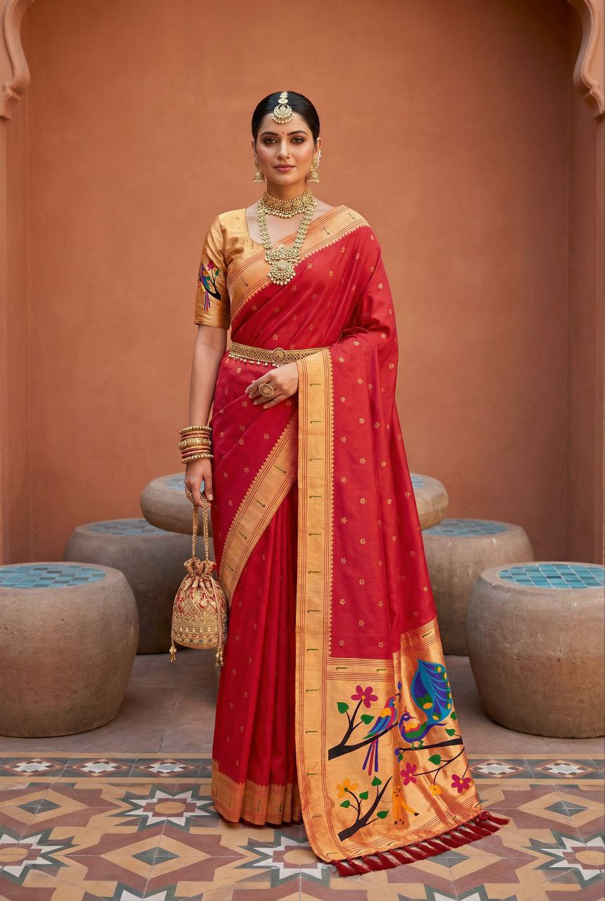 Mameraa Sarees Red Faux Banarasi Silk Saree With Paithani Rich Weaved Pallu And Blouse-Red