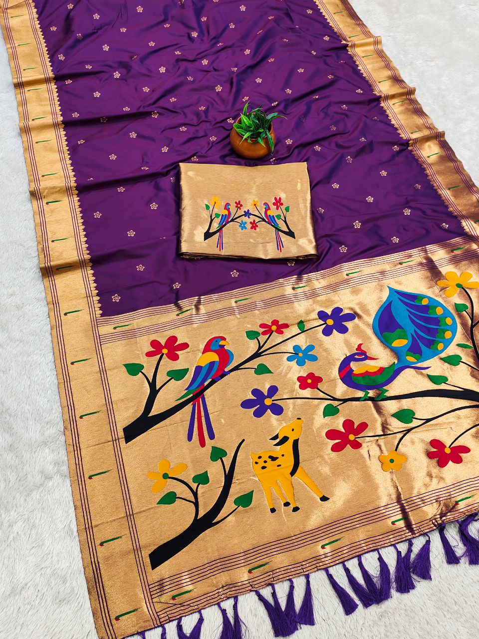 Mameraa Sarees Purple Faux Banarasi Silk Saree With Paithani Rich Weaved Pallu And Blouse-Purple