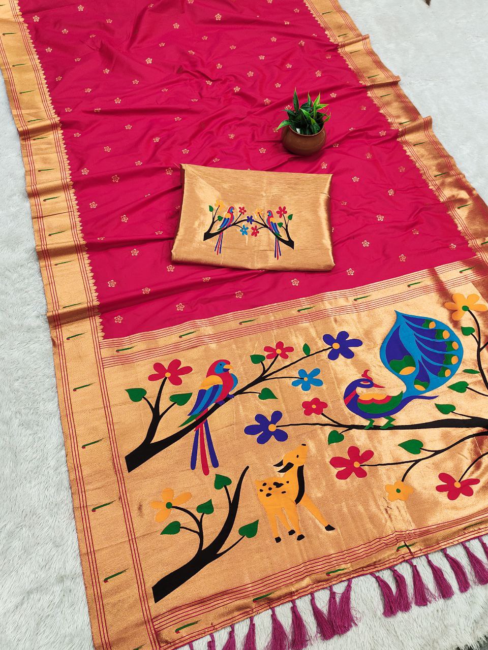 Mameraa Sarees Pink Faux Banarasi Silk Saree With Paithani Rich Weaved Pallu And Blouse-Pink